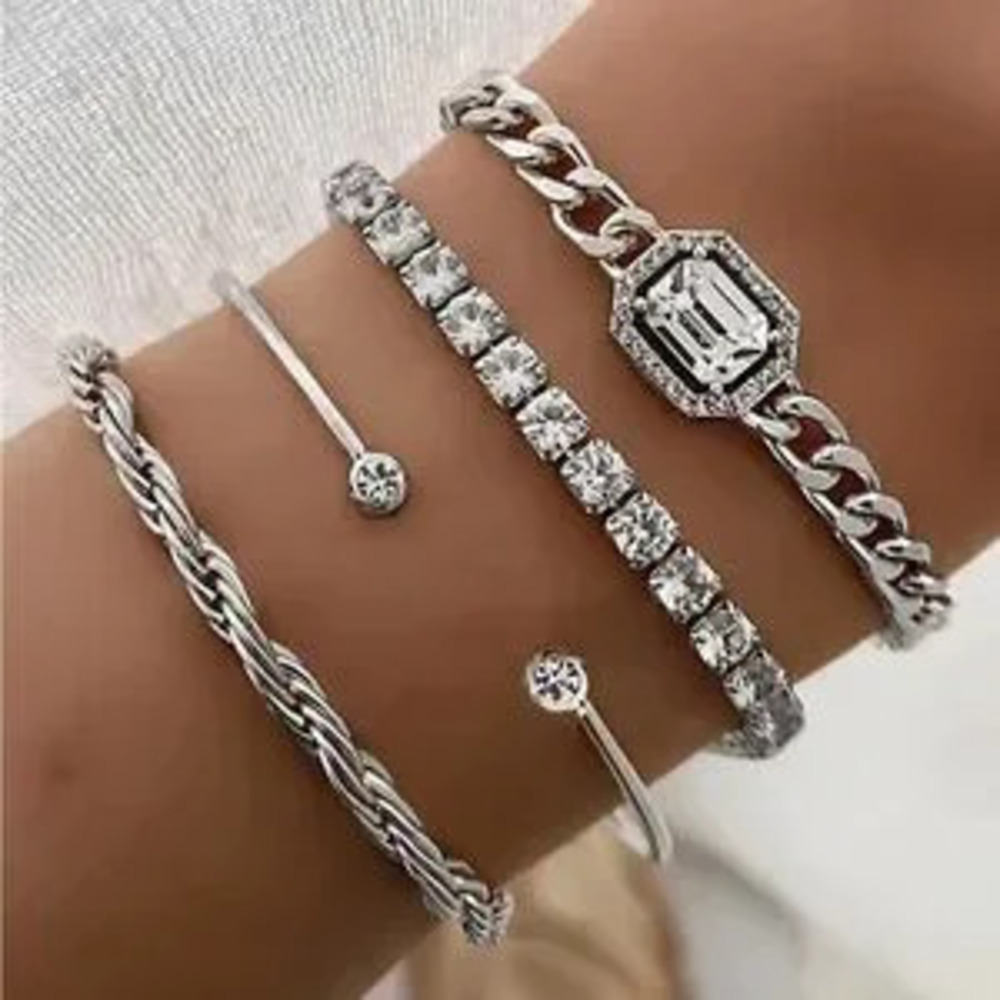 Silver Chain Link and Tennis Bracelet Set